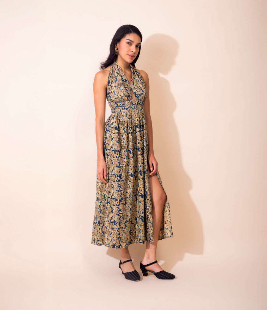 Kalamkari Cotton Halter Dress | Blue