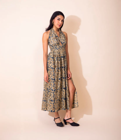 Kalamkari Cotton Halter Dress | Blue