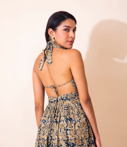Kalamkari Cotton Halter Dress | Blue