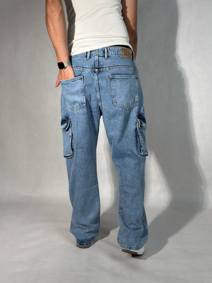 Blue Stone Wash Baggy Fit Cargo Men Jeans