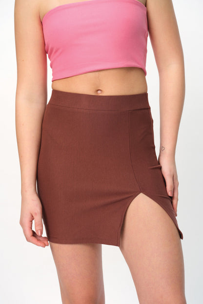 Mocha Solid A-Line Slit Skirt