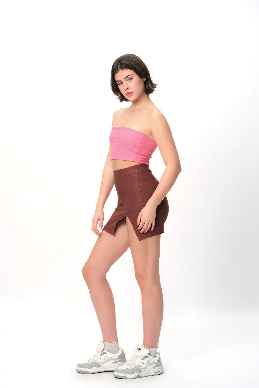 Mocha Solid A-Line Slit Skirt
