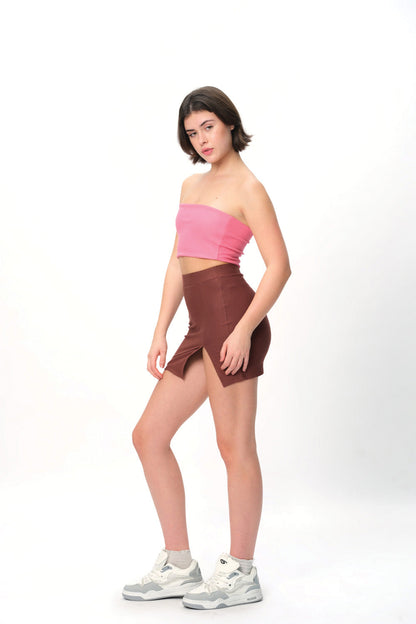 Mocha Solid A-Line Slit Skirt