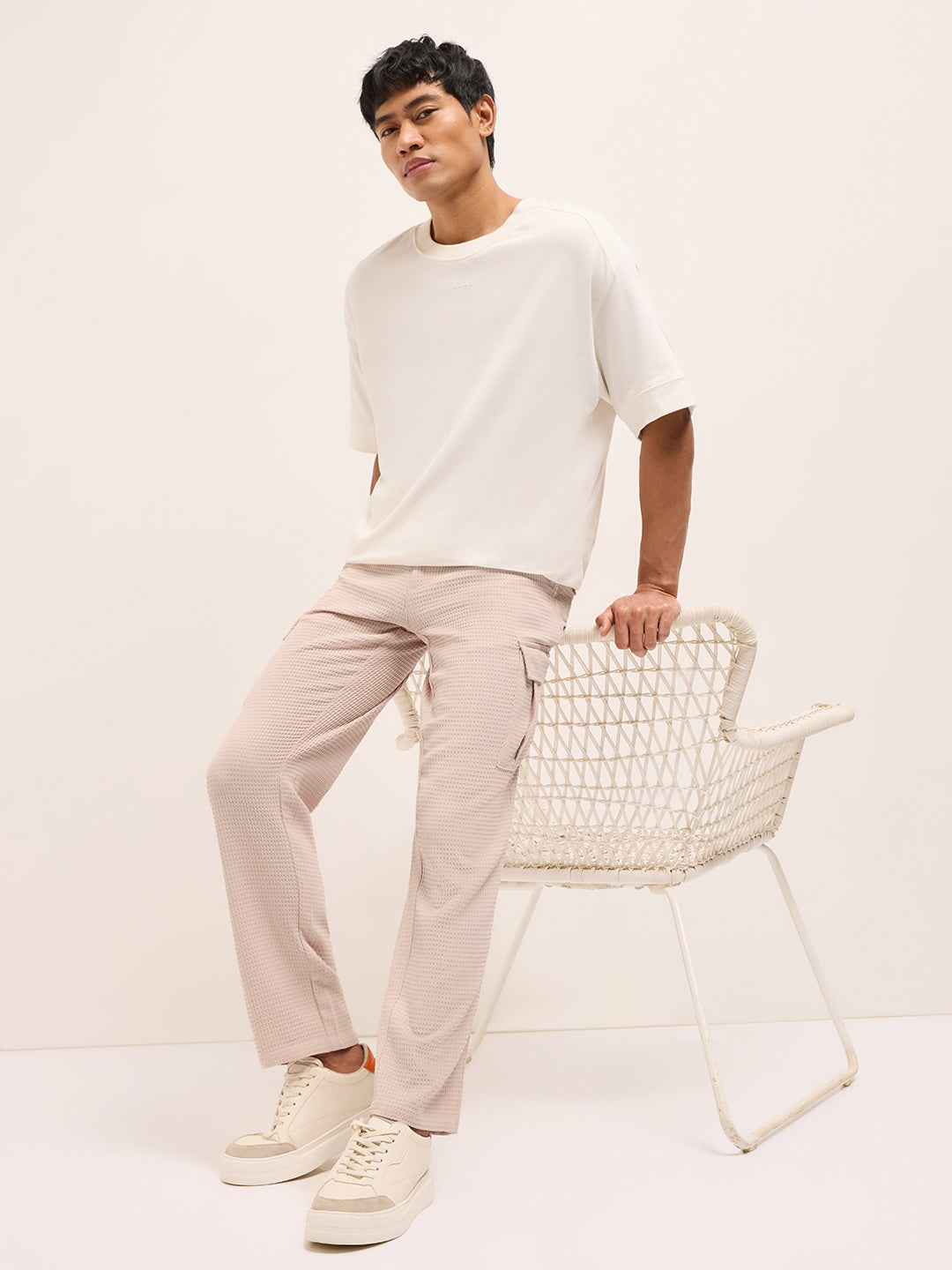 Peach Textured Waffle Weave Straight Fit Cargo Pants with Flap Pockets