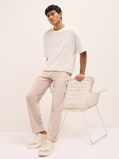 Peach Textured Waffle Weave Straight Fit Cargo Pants with Flap Pockets