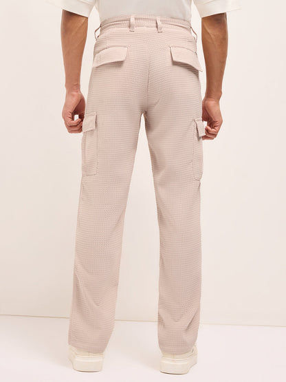 Peach Textured Waffle Weave Straight Fit Cargo Pants with Flap Pockets