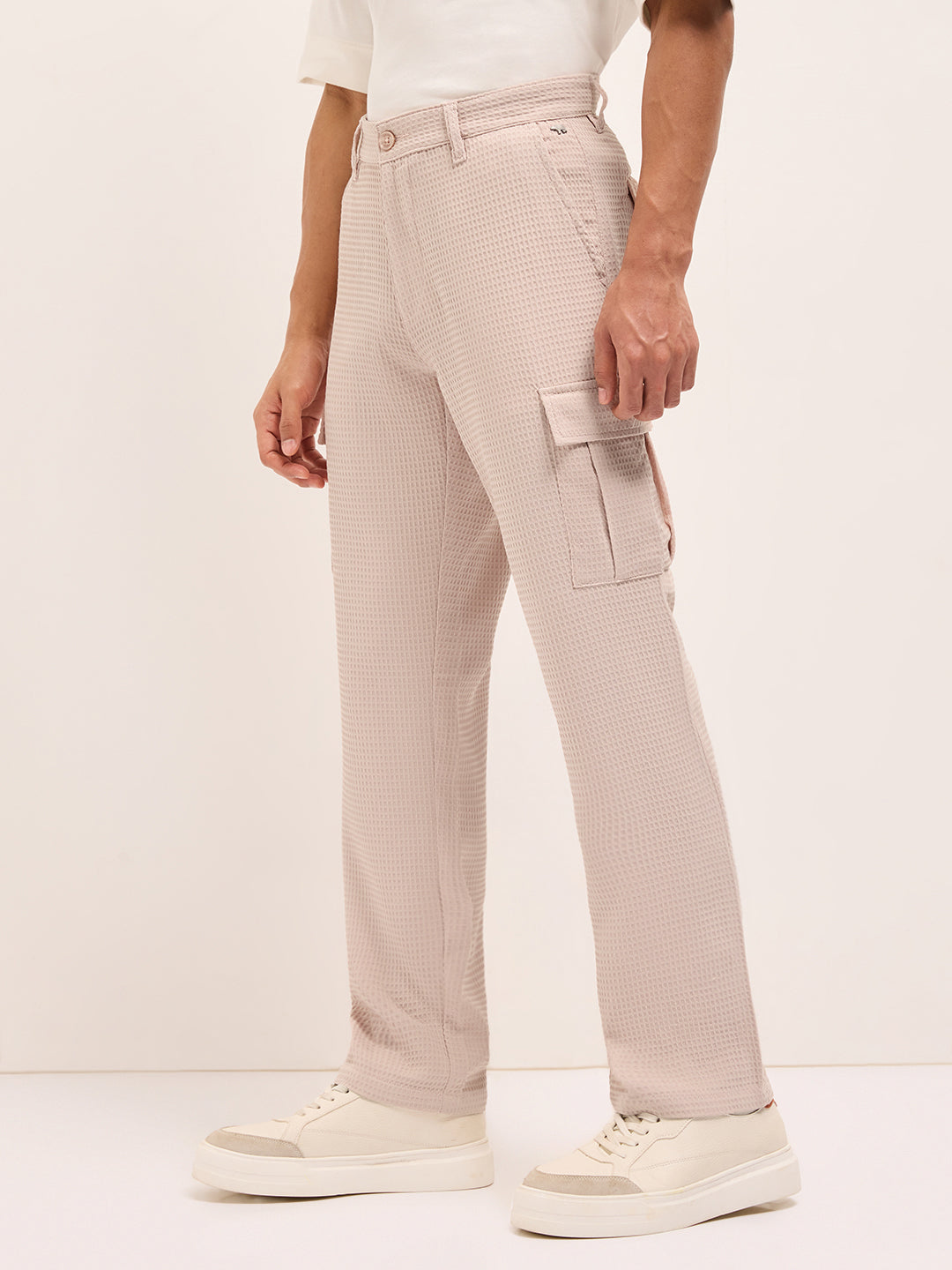 Peach Textured Waffle Weave Straight Fit Cargo Pants with Flap Pockets