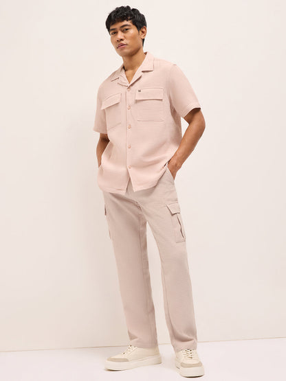 Peach Textured Waffle Weave Straight Fit Cargo Pants with Flap Pockets