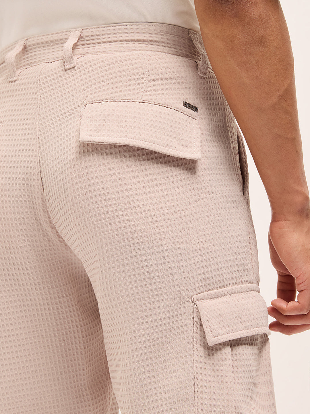 Peach Textured Waffle Weave Straight Fit Cargo Pants with Flap Pockets