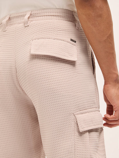 Peach Textured Waffle Weave Straight Fit Cargo Pants with Flap Pockets