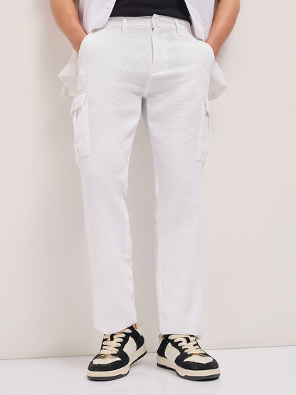 White Textured Waffle Weave Straight Fit Cargo Pants with Flap Pockets