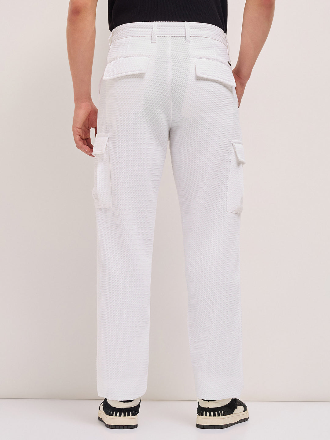 White Textured Waffle Weave Straight Fit Cargo Pants with Flap Pockets