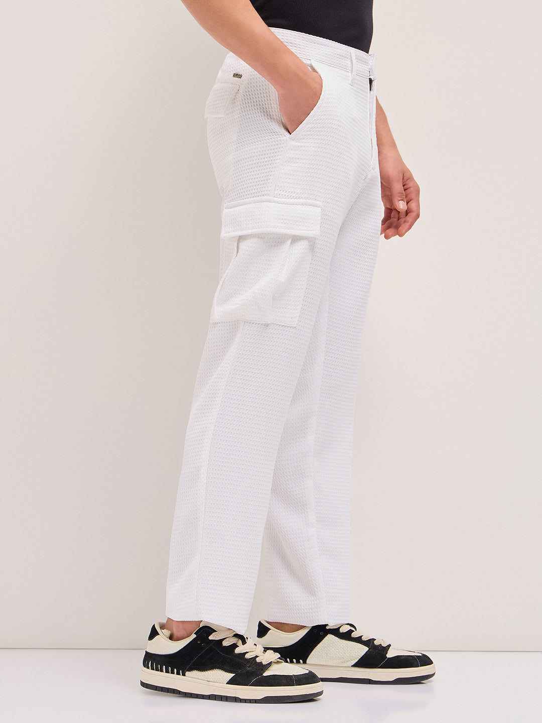 White Textured Waffle Weave Straight Fit Cargo Pants with Flap Pockets