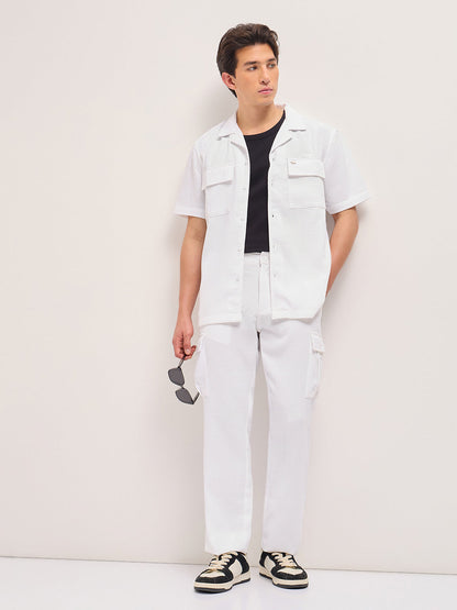 White Textured Waffle Weave Straight Fit Cargo Pants with Flap Pockets