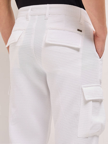 White Textured Waffle Weave Straight Fit Cargo Pants with Flap Pockets