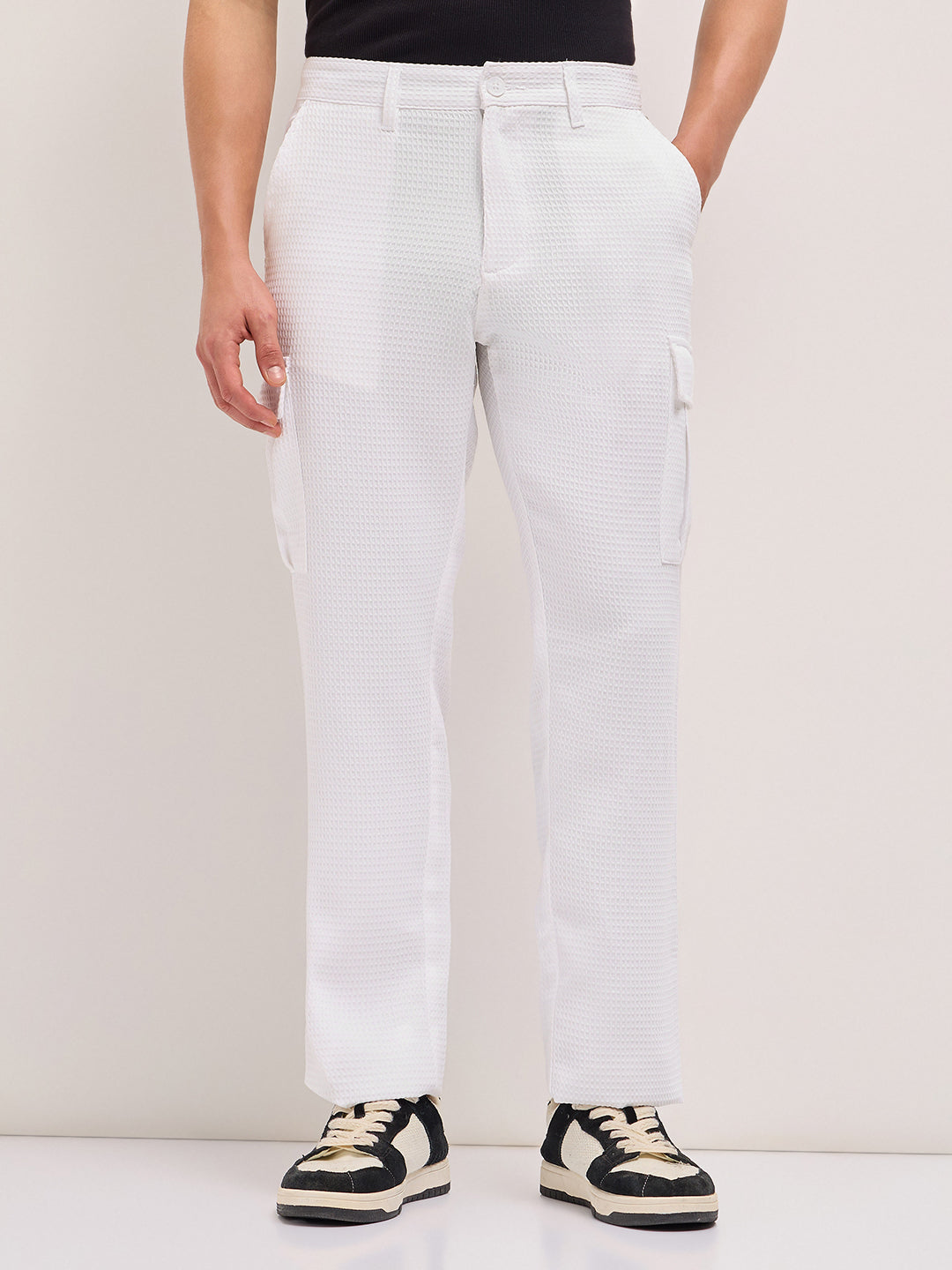 White Textured Waffle Weave Straight Fit Cargo Pants with Flap Pockets