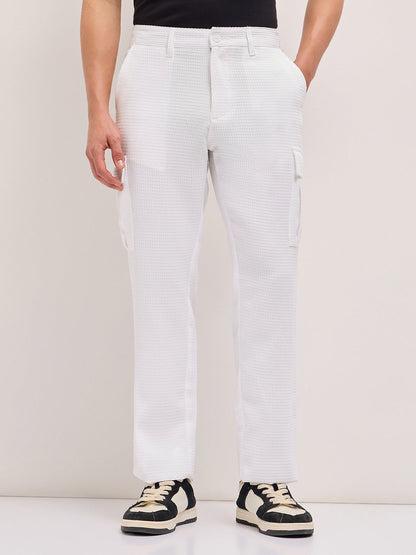 White Textured Waffle Weave Straight Fit Cargo Pants with Flap Pockets