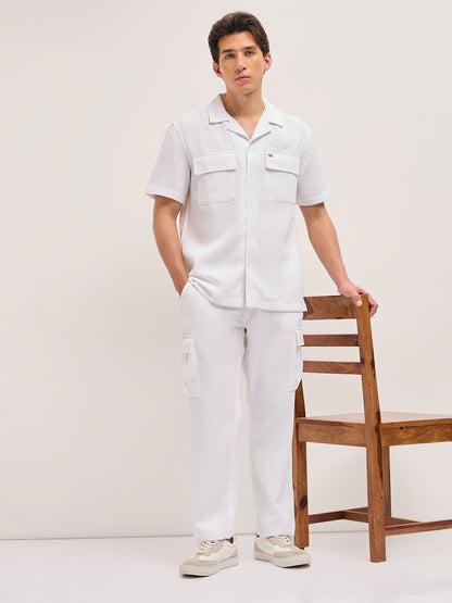 White Textured Waffle Weave Straight Fit Cargo Pants with Flap Pockets