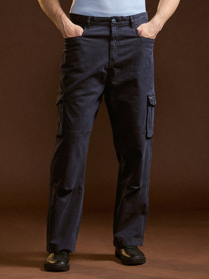 Dark Blue Solid Straight Fit Functional & Stylish Cargo Pant