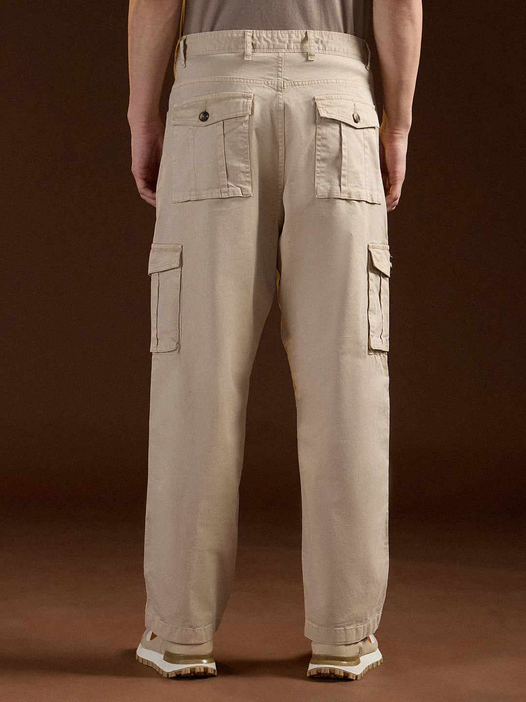 Cream Solid Straight Fit Functional & Stylish Cargo Pant