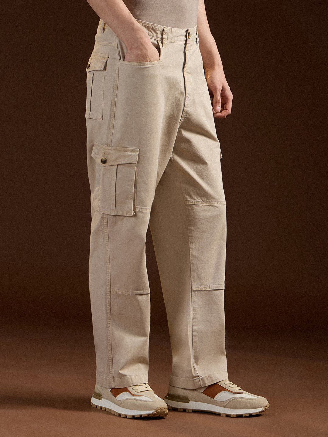 Cream Solid Straight Fit Functional & Stylish Cargo Pant