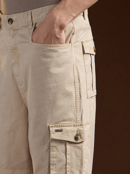 Cream Solid Straight Fit Functional & Stylish Cargo Pant