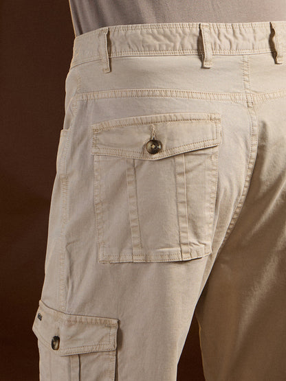 Cream Solid Straight Fit Functional & Stylish Cargo Pant