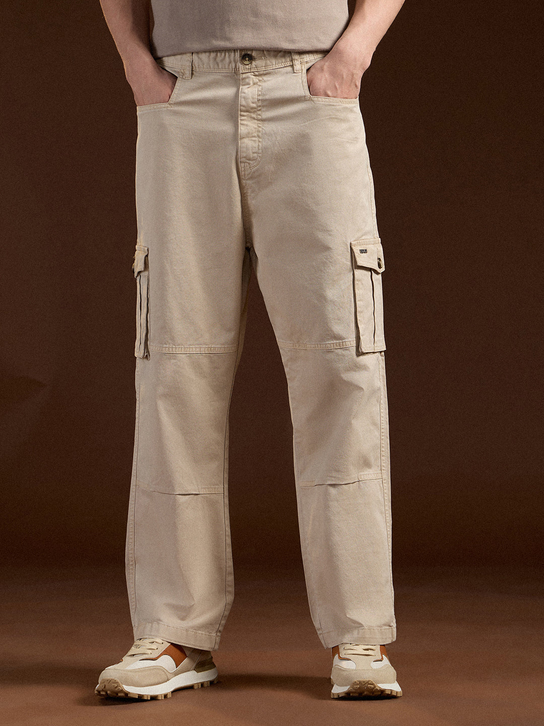 Cream Solid Straight Fit Functional & Stylish Cargo Pant
