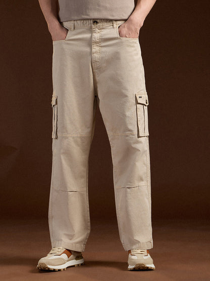 Cream Solid Straight Fit Functional & Stylish Cargo Pant