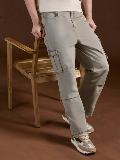 Beige Solid Straight Fit Functional & Stylish Cargo Pant