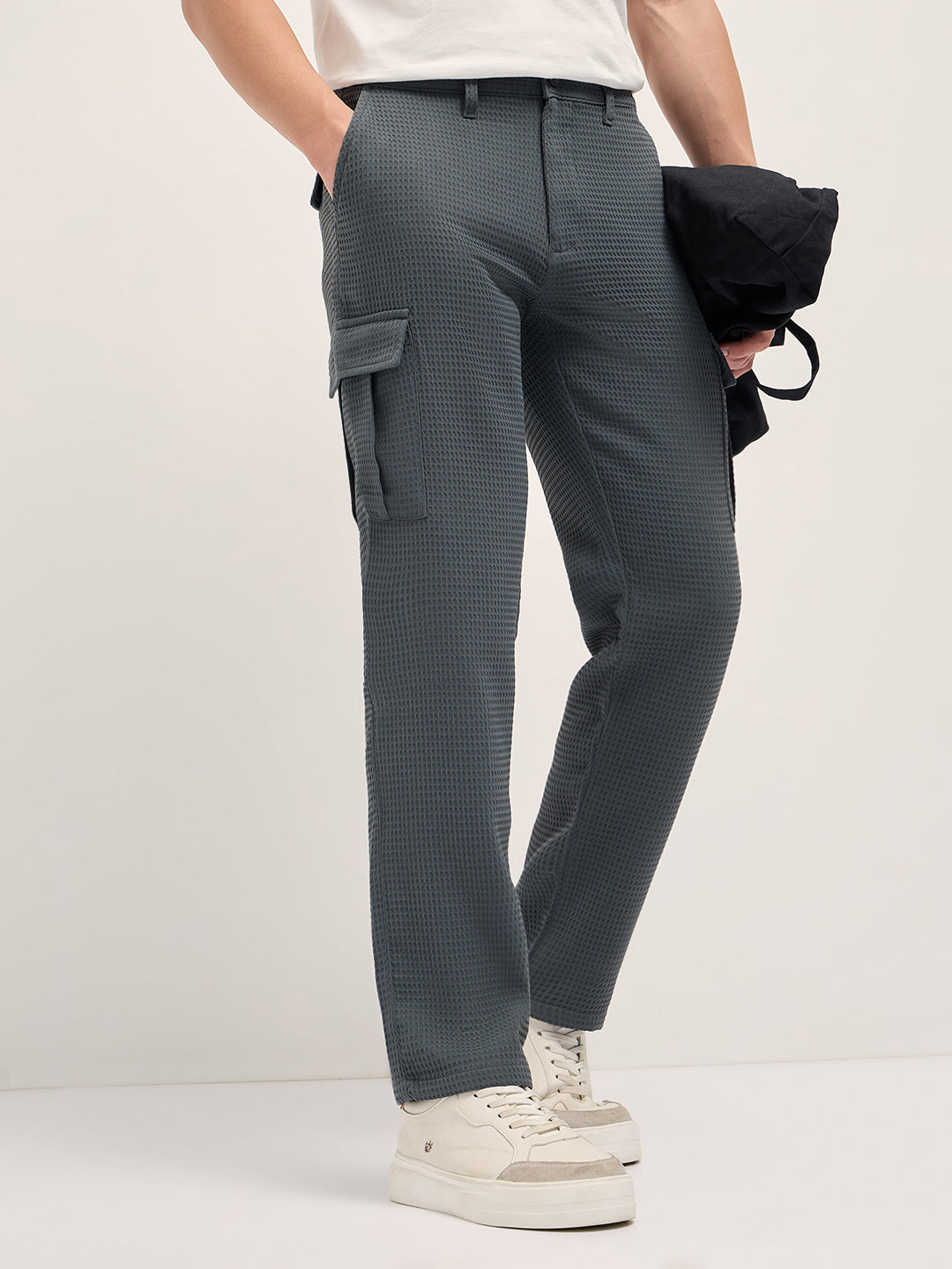 Grey Textured Waffle Weave Straight Fit Cargo Pants with Flap Pockets