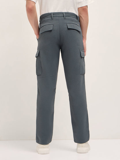 Grey Textured Waffle Weave Straight Fit Cargo Pants with Flap Pockets