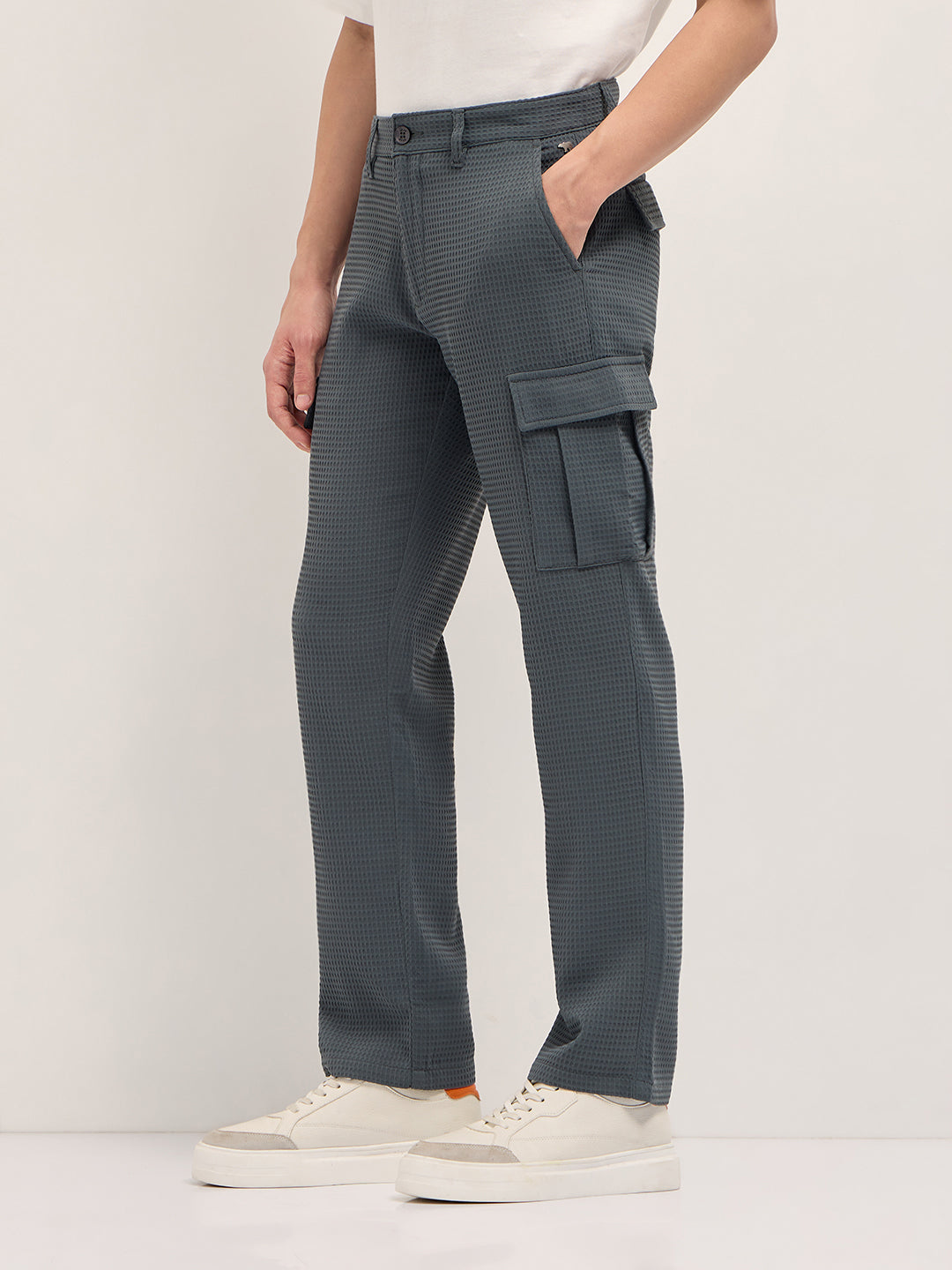 Grey Textured Waffle Weave Straight Fit Cargo Pants with Flap Pockets