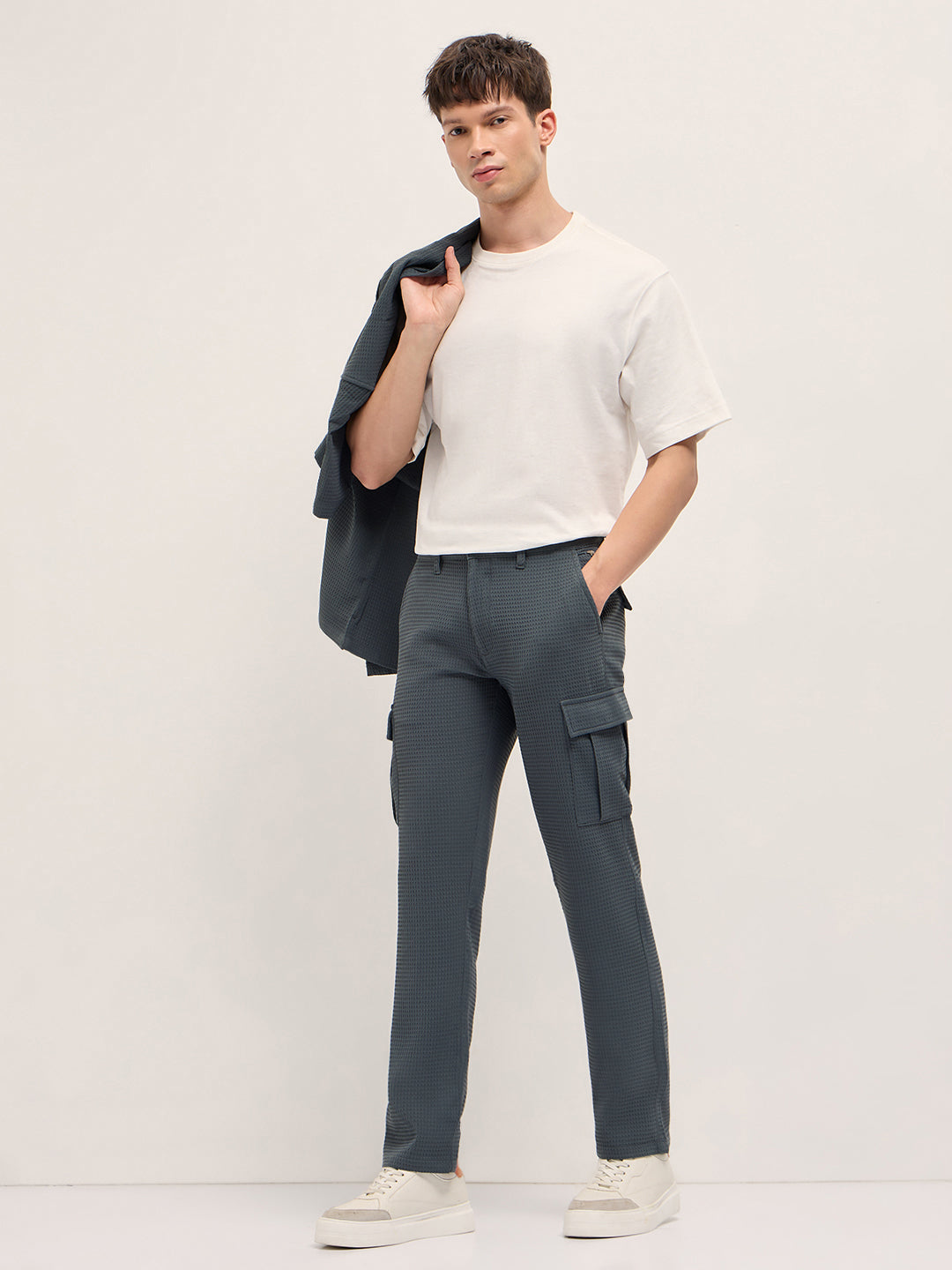 Grey Textured Waffle Weave Straight Fit Cargo Pants with Flap Pockets