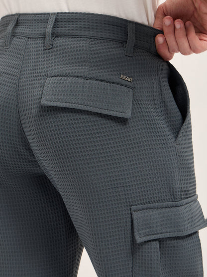 Grey Textured Waffle Weave Straight Fit Cargo Pants with Flap Pockets