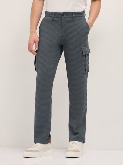 Grey Textured Waffle Weave Straight Fit Cargo Pants with Flap Pockets