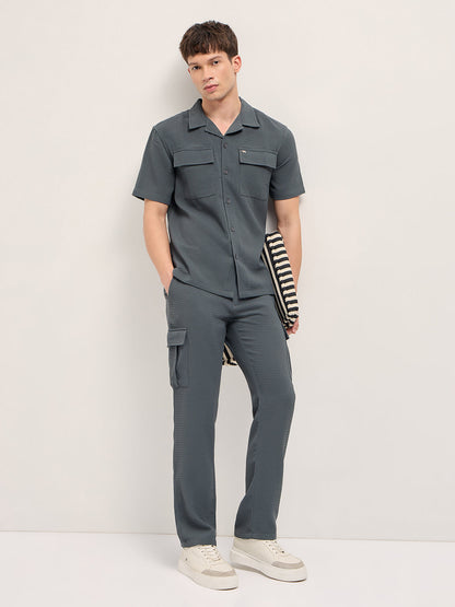 Grey Textured Waffle Weave Straight Fit Cargo Pants with Flap Pockets