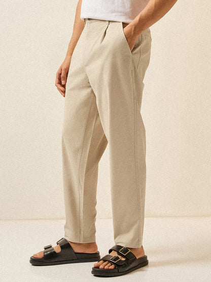 Cream Solid Cropped Carrot Fit Casual Chino Trouser