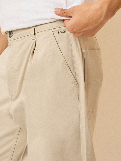 Cream Solid Cropped Carrot Fit Casual Chino Trouser