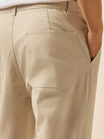 Cream Solid Cropped Carrot Fit Casual Chino Trouser