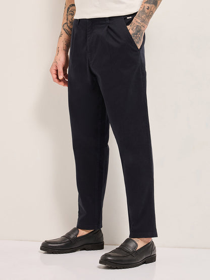 Dark Blue Solid Cropped Carrot Fit Casual Chino Trouser