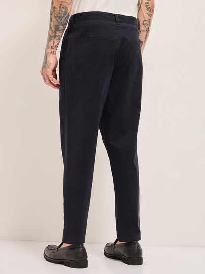 Dark Blue Solid Cropped Carrot Fit Casual Chino Trouser