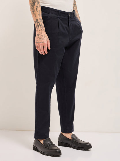 Dark Blue Solid Cropped Carrot Fit Casual Chino Trouser