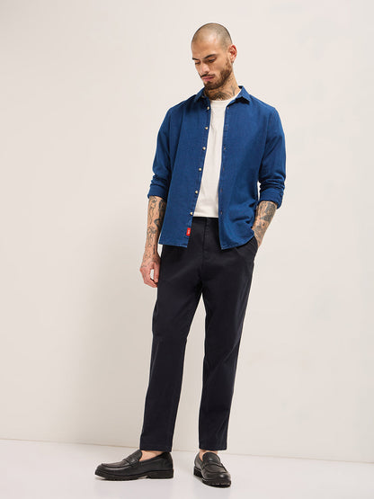 Dark Blue Solid Cropped Carrot Fit Casual Chino Trouser