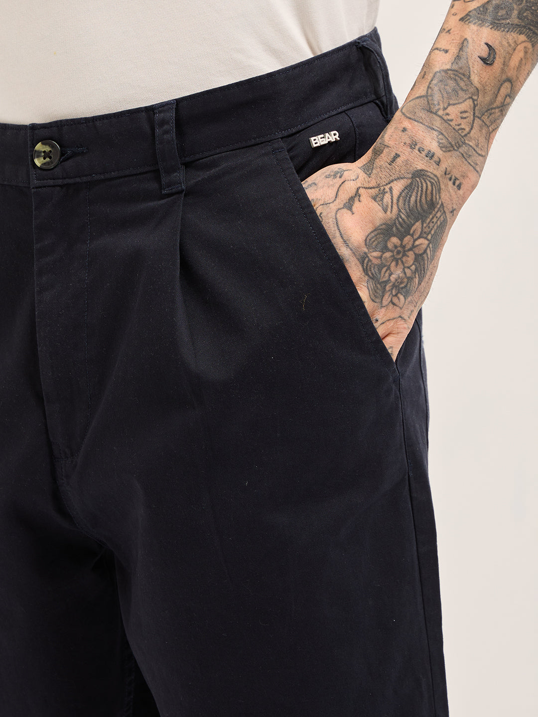 Dark Blue Solid Cropped Carrot Fit Casual Chino Trouser
