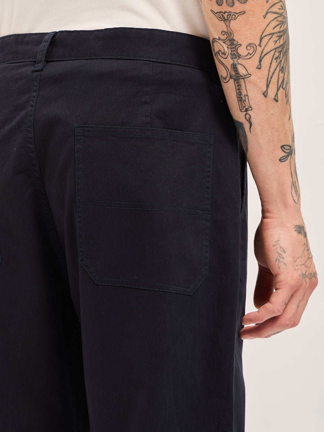 Dark Blue Solid Cropped Carrot Fit Casual Chino Trouser