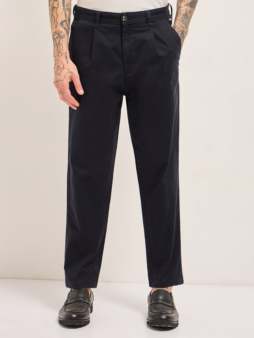 Dark Blue Solid Cropped Carrot Fit Casual Chino Trouser