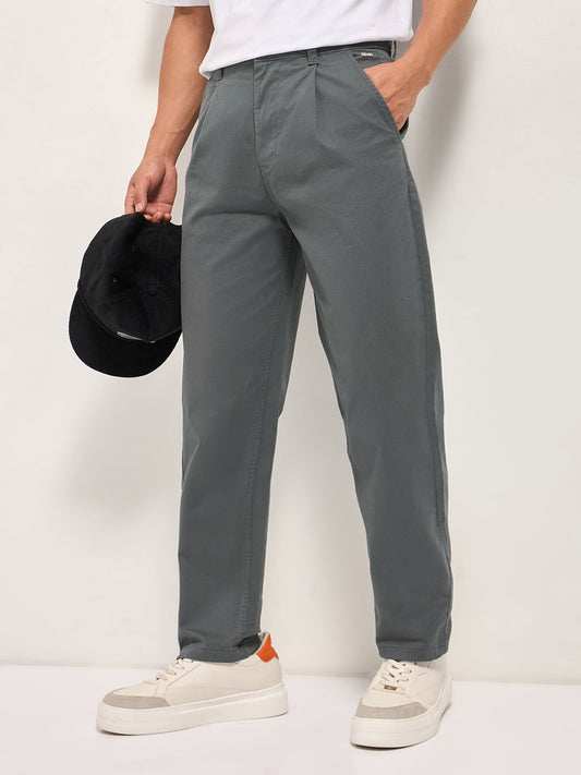 Grey Solid Cropped Carrot Fit Casual Chino Trouser