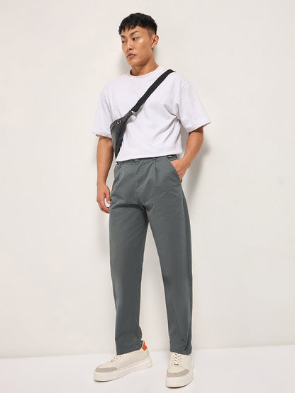 Grey Solid Cropped Carrot Fit Casual Chino Trouser