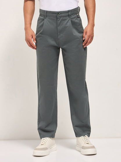 Grey Solid Cropped Carrot Fit Casual Chino Trouser